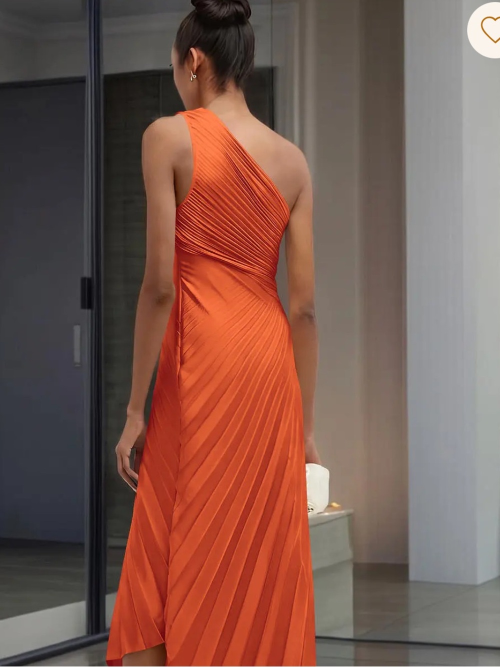 One-Shoulder Orange Pleated Midi Dress